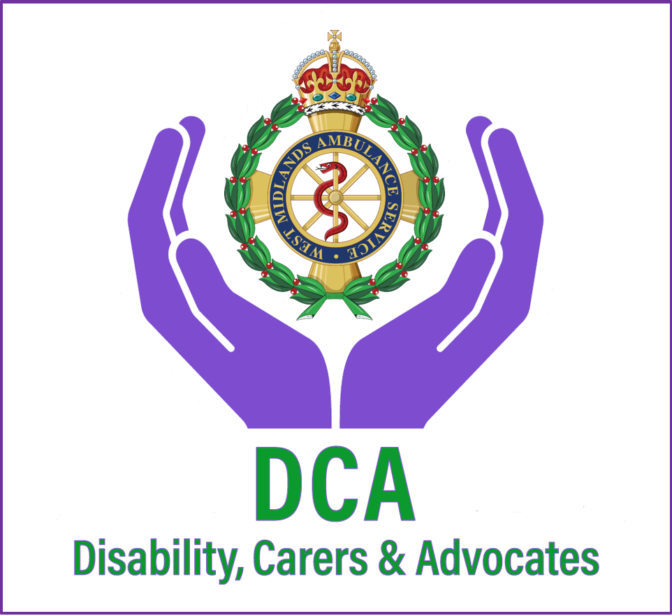 Purple hands holding an ambulance service crest. underneath read the letters DCA In a light green colour. Underneath the letters reads Disability, Carers and advocates.
