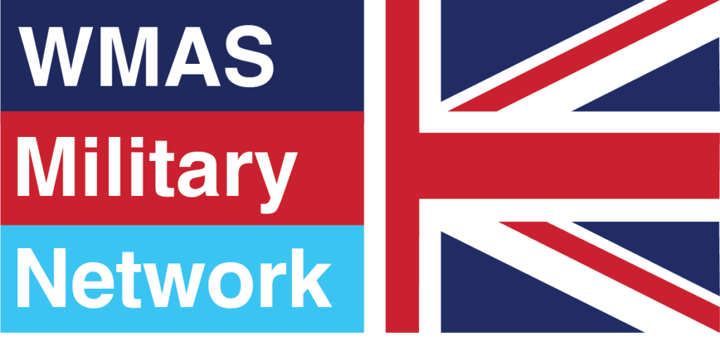 a union jack rectangle. the right half shows the union jack in colour and the left half has the words stacked above each other reading WMAS, Military and Network.