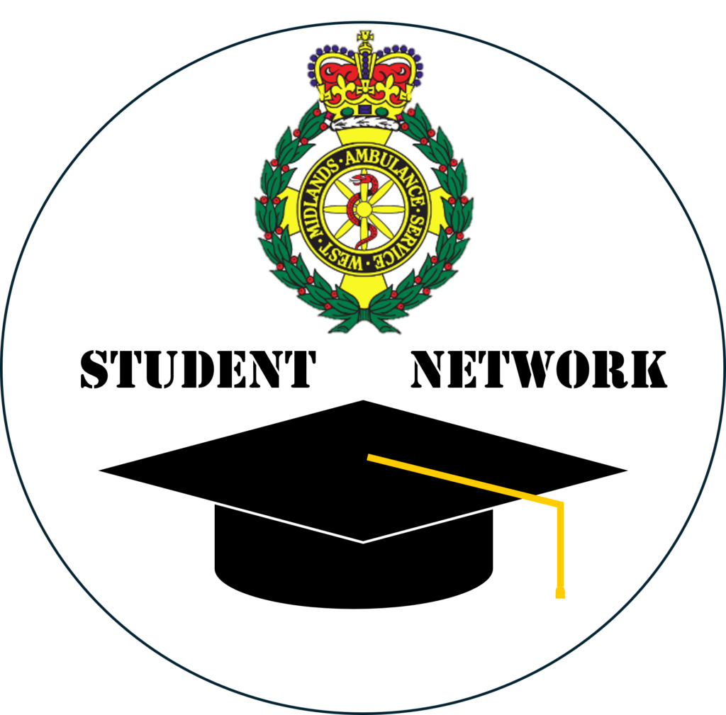 a white circle with black border Student network in military style fond in the middle and above the ambulance service crest above the text and below the text a a graduation cap.