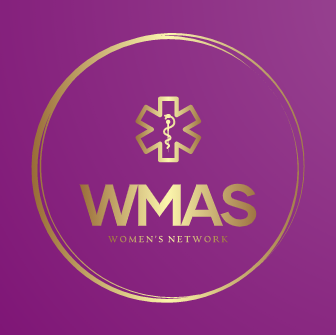 Purple square with a gold circle, inside the letters WMAS womans network with a medical symbol above the text.