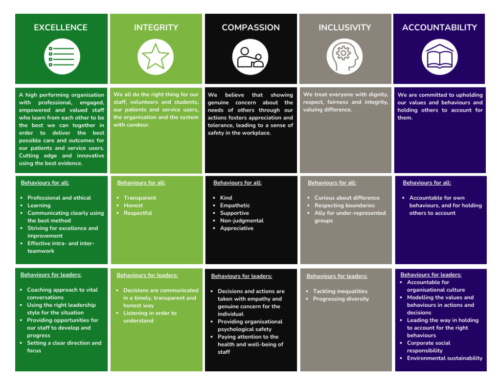An image providing a detailed breakdown of the organisation's core values - Excellence, Integrity, Compassion, Inclusivity and Accountability and the associated behaviors for all staff and leaders.